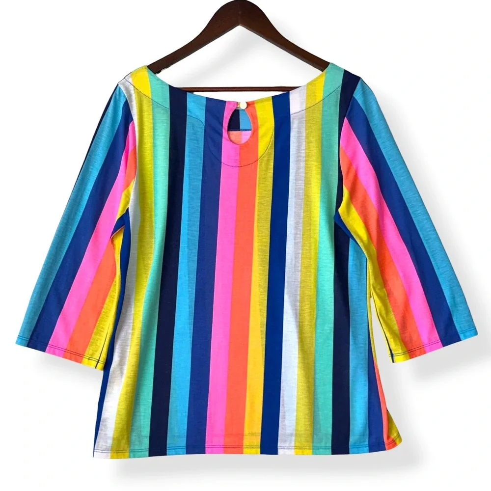 Lilly Pulitzer Blouse L Waverly Rainbow Stripe 100% Pima Cotton Dopamine Preppy - Picture 2 of 10